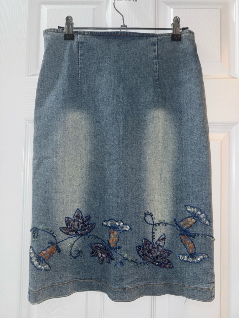 Denim Pencil Skirt with Floral Bead Embroidery
